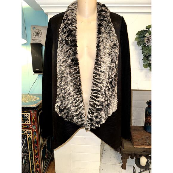 DOLCE CABO FAUX FUR LINED ASYMMETRIC MIXED MEDIA CARDIGAN SWEATER JACKET M - Picture 1 of 9